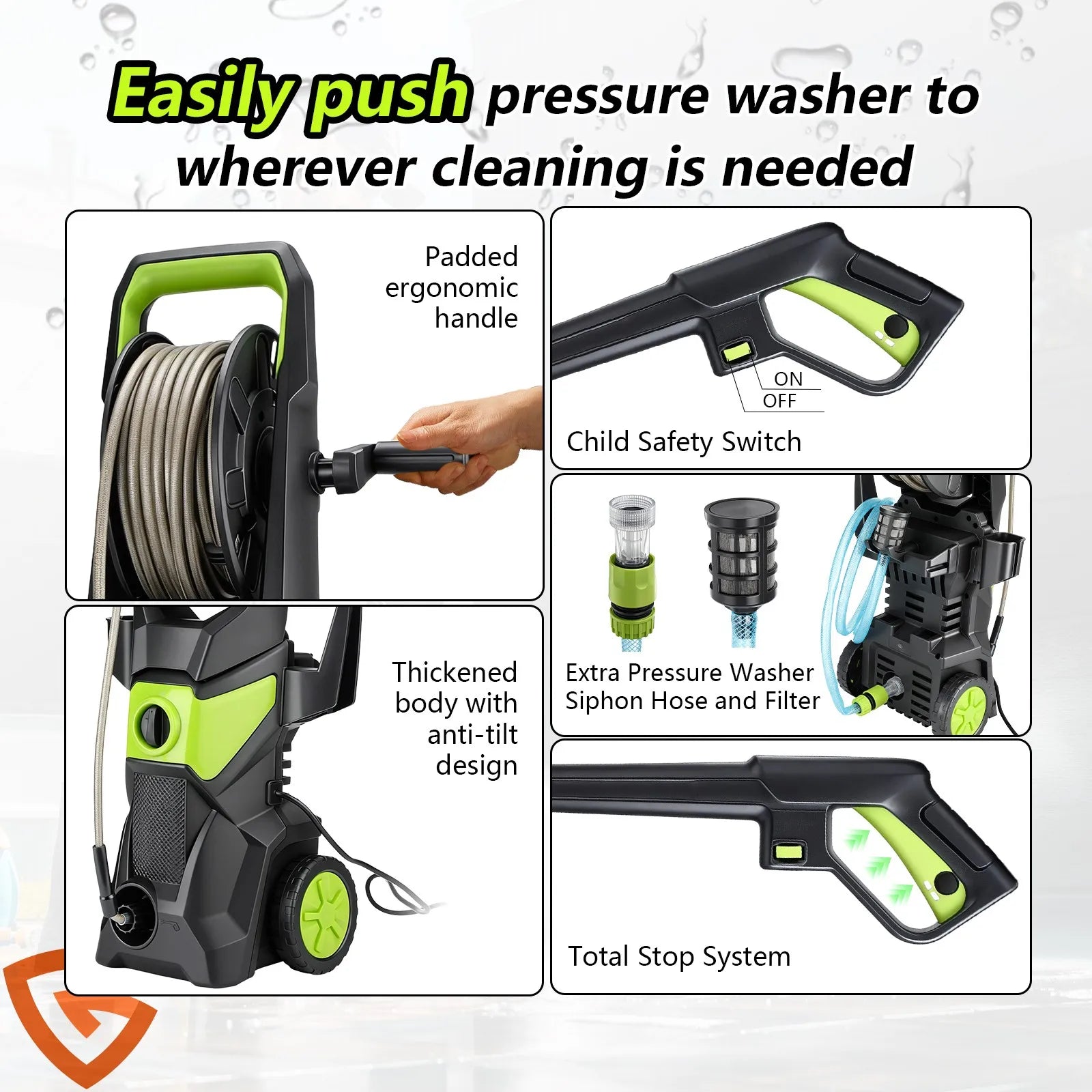 Electric Pressure Washer, 52.5 FT 5000PSI 3.2GPM Pressure Cleaner with 4 Nozzles